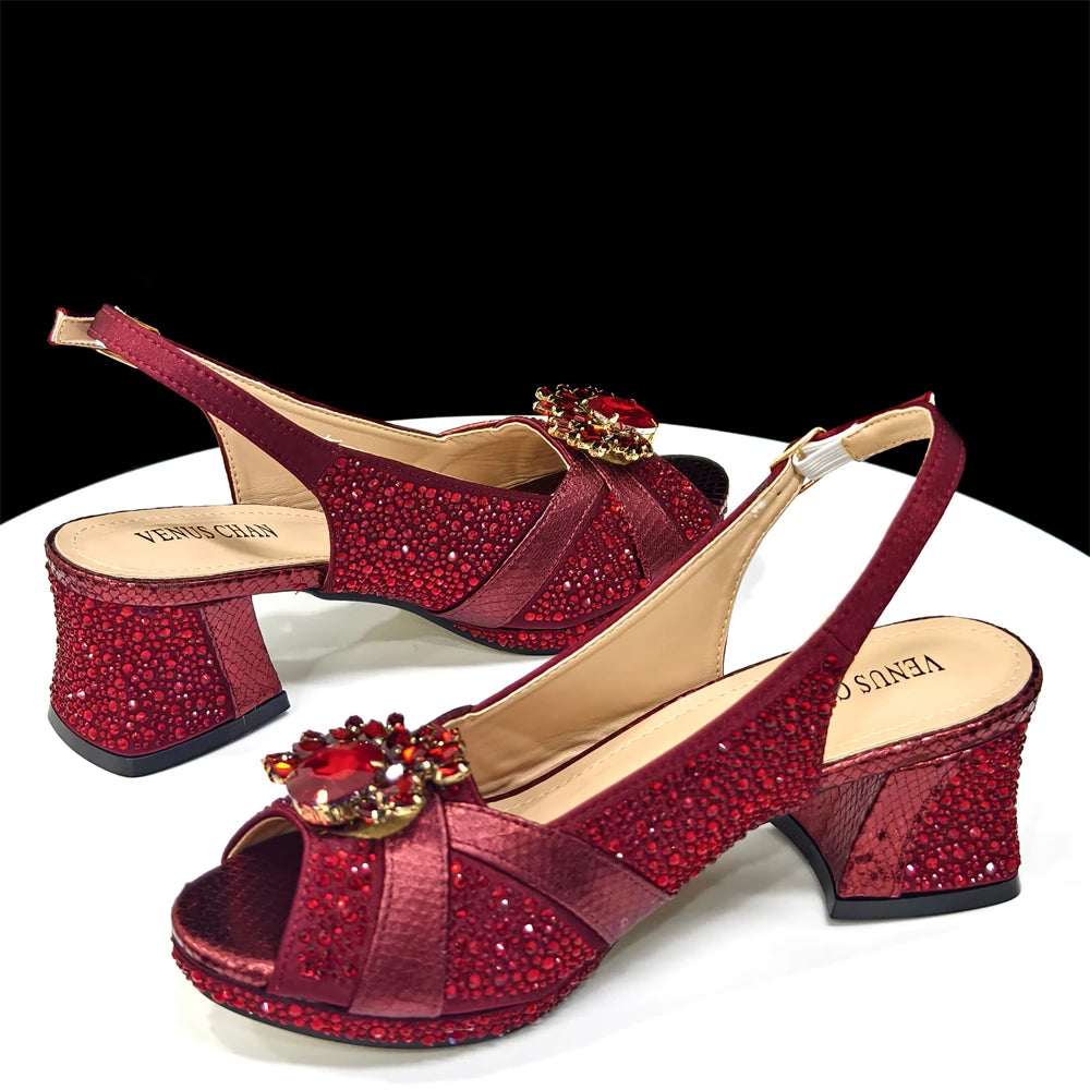 2025 Elegant Women's Peep-Toe Heels & Wine Color Diamond Pumps Set - Chic Italian Footwear & Matching Bags for Parties