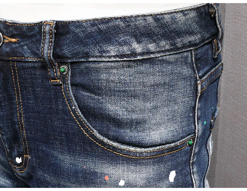 Fashion Streetwear Men Jeans Retro Black Blue Elastic Slim Fit Ripped Jeans Men Spliced Designer Embroidery Hip Hop Denim Pants