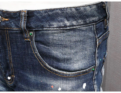 Fashion Streetwear Men Jeans Retro Black Blue Elastic Slim Fit Ripped Jeans Men Spliced Designer Embroidery Hip Hop Denim Pants