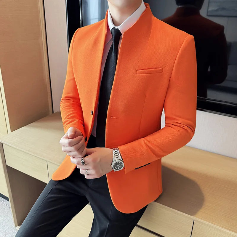New Waffle Chinese Stand-Up Collar Blazers Men Slim Fit Business Casual Fashion Suits Jacket Formal Social Prom Party Tuxedos