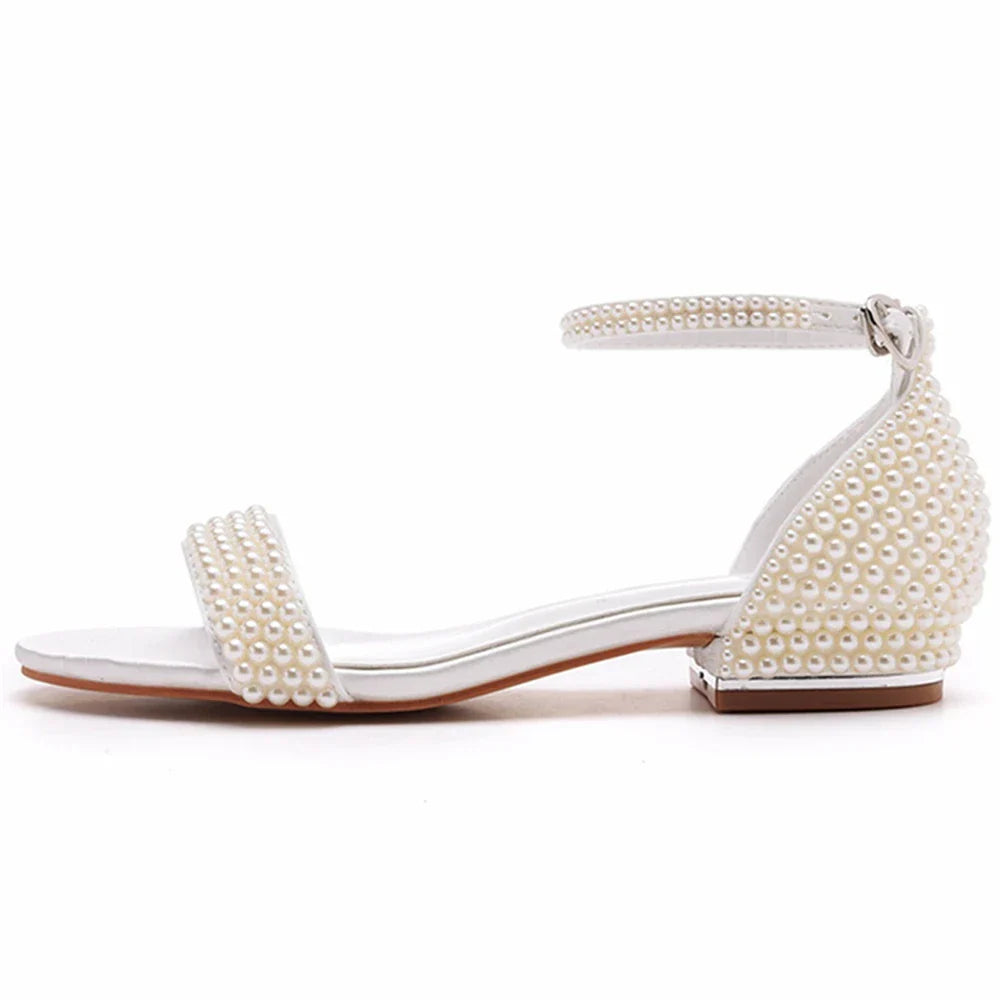Summer new 2-cm square-heeled silk ribbon pearl rhinestone low-heeled wedding shoes beaded lace-up flat large-size women sandals