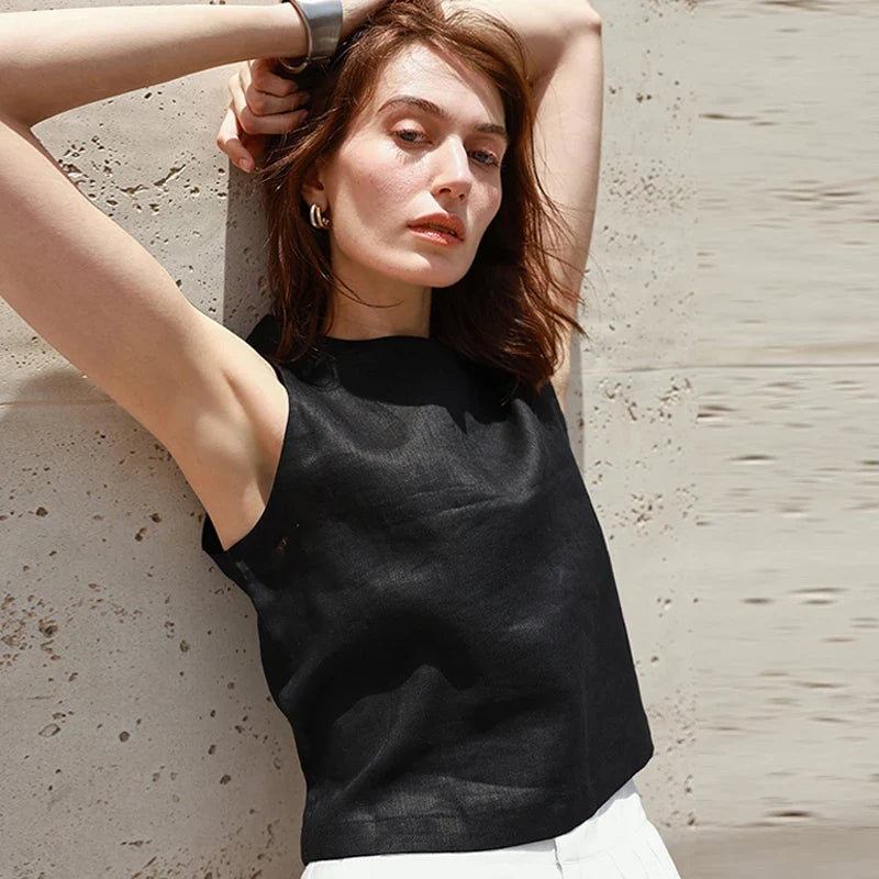 Chic Front And Back Two Wear Women Linen Tank Top 2026 Summer New Casual Short Loose 100% Linen Sleeveless Crop Tops