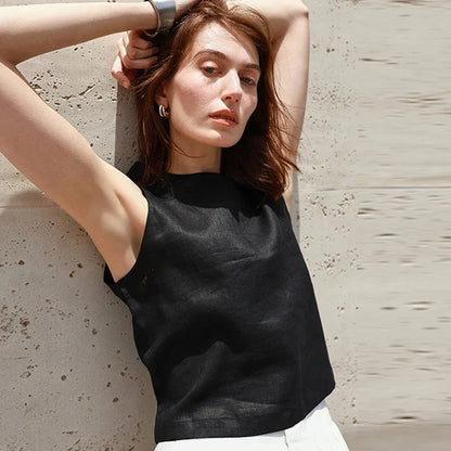 Chic Front And Back Two Wear Women Linen Tank Top 2026 Summer New Casual Short Loose 100% Linen Sleeveless Crop Tops