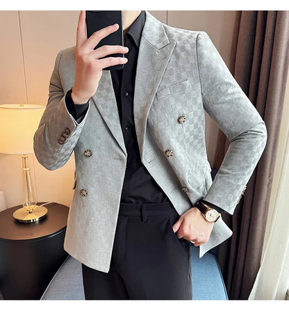 6 Color Luxury Double Breasted Blazers Coats 2024 New Fashion Checkered Business Slim Fit Social   Formal Suit Jacket 5XL-M