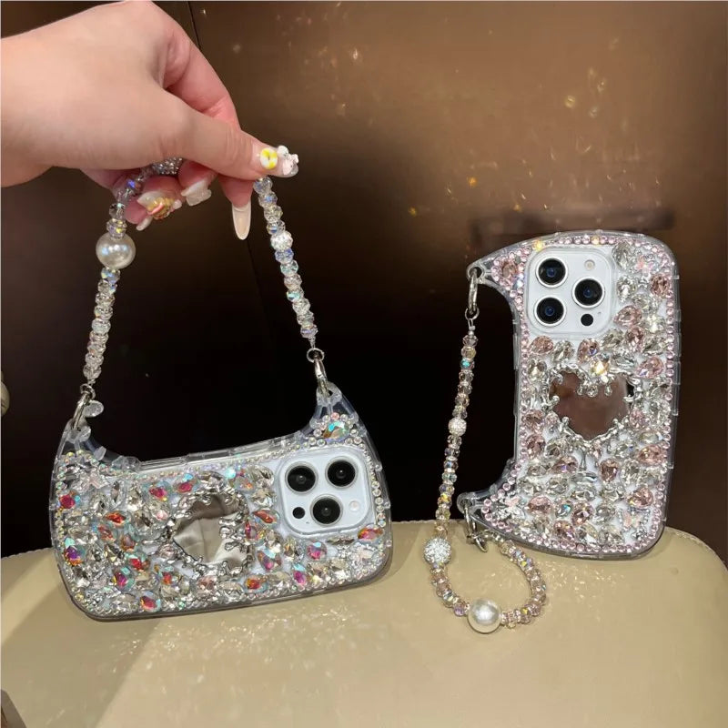 Luxury Bling Rhinestone Hand Bag with Mirror For iphone 17 pro max case 11 12 13 14 15 16 Pro Max Plus Phone Cases For 16 Pro