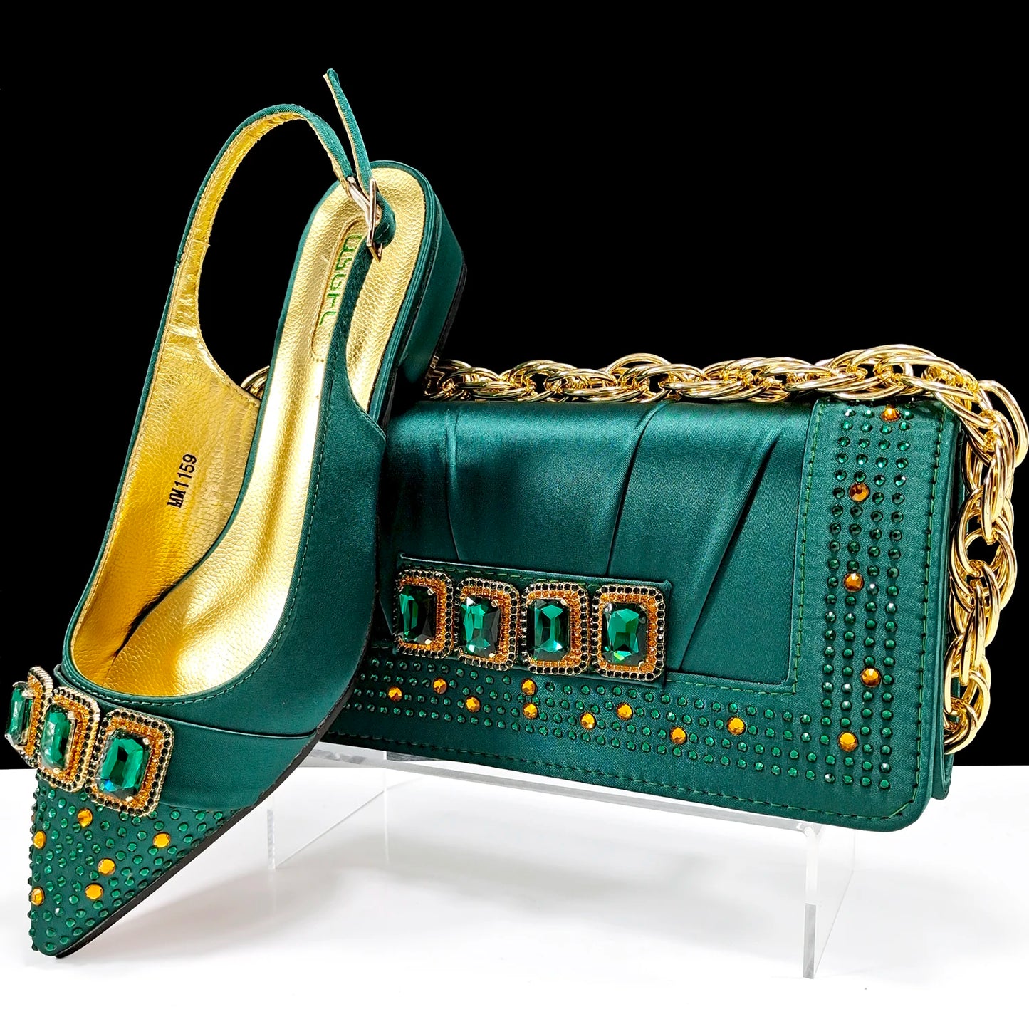 New Italian Olive Pumps and Bag for Party 2024 INS Style Pointed-Toe Rhinestone Elegant Low Heels Wedge for Wome