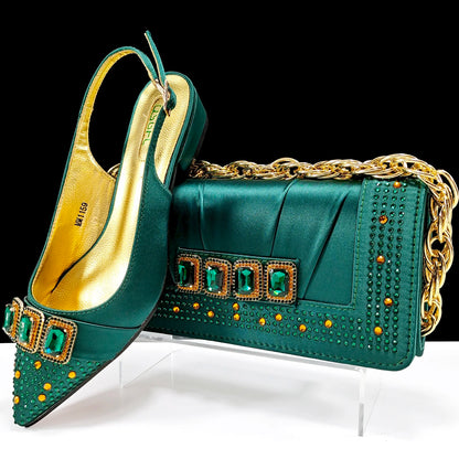 New Italian Olive Pumps and Bag for Party 2024 INS Style Pointed-Toe Rhinestone Elegant Low Heels Wedge for Wome