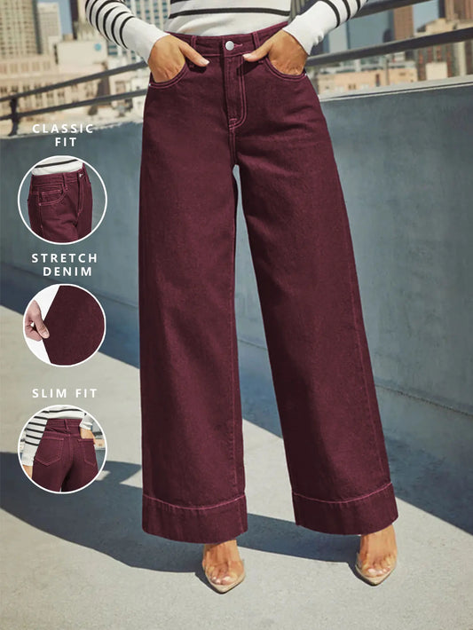 Burgundy women's high waist wide leg jeans stretch denim button placket washed jeans casual outing versatile style