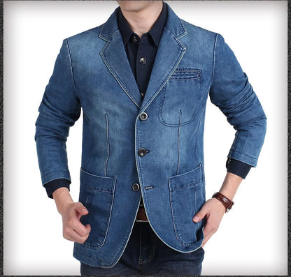 Men Denim Jacket Suits Coats Single Breasted Turn Down Collar Full Sleeve Casual Regular Coat Button Blazer Jackets