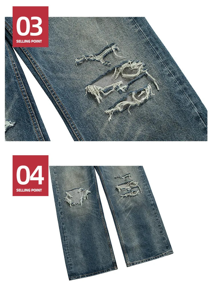 Unisex Retro Washed Aged Ripped Straight Leg Blue Jeans Torn Hole Z029#
