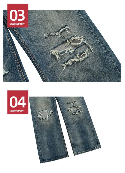Unisex Retro Washed Aged Ripped Straight Leg Blue Jeans Torn Hole Z029#