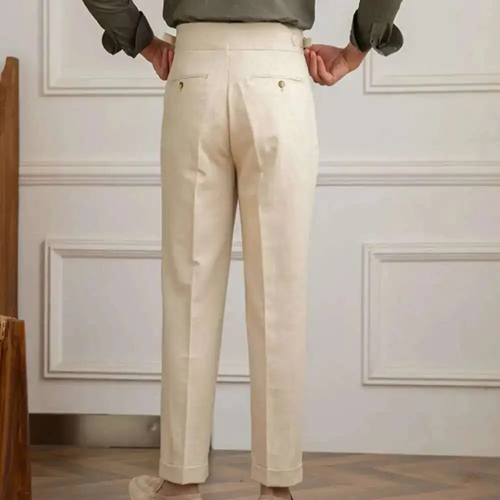 Linen Cotton High Waist Straight Casual Pants Men Versatile Naples Gentleman Pleated Pants High Quality Italian Dress Trousers