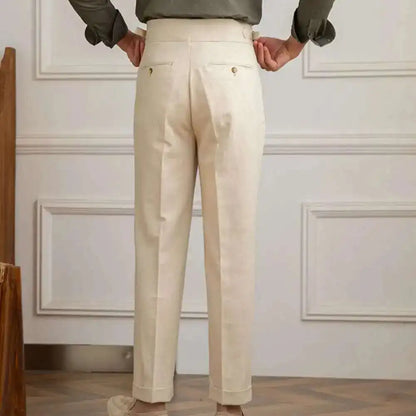 Linen Cotton High Waist Straight Casual Pants Men Versatile Naples Gentleman Pleated Pants High Quality Italian Dress Trousers