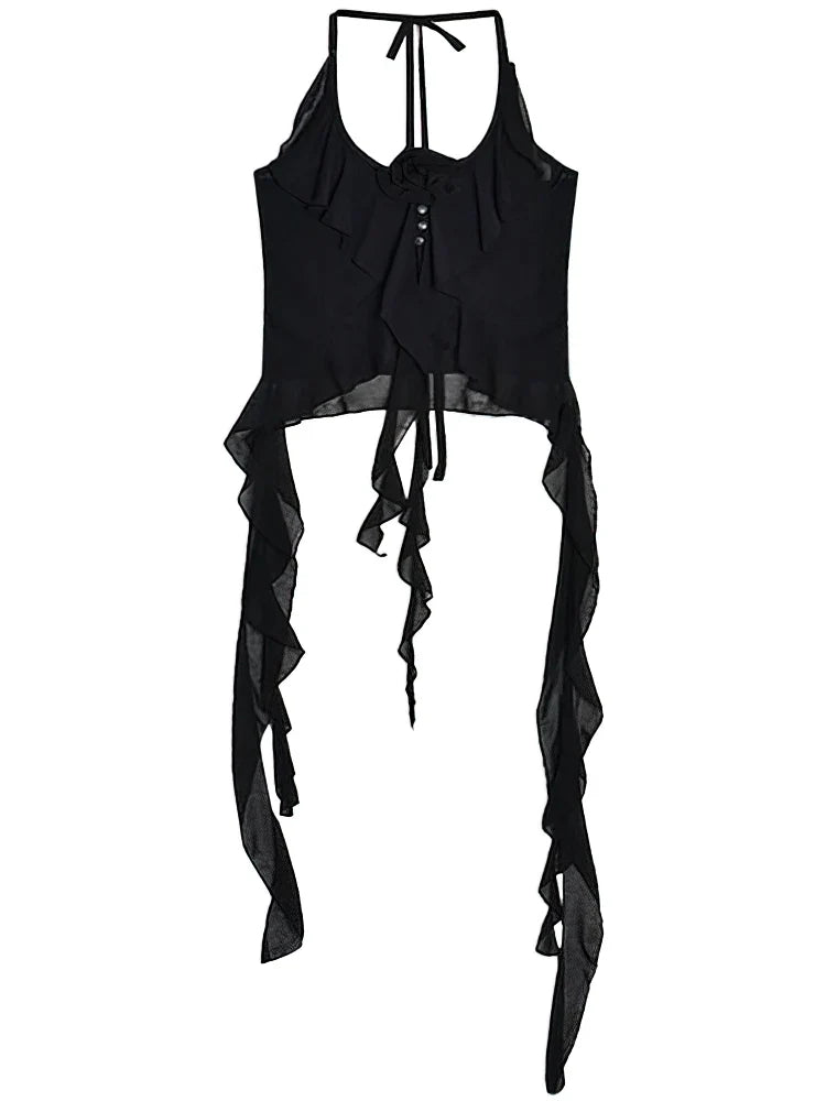 Sexy Y2k Vintage Thin Strape Ruffle Halter Crop Top Women Backless Basic Sleeveless T shirt Off shoulder Club Party Lady Tees