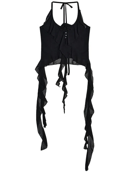 Sexy Y2k Vintage Thin Strape Ruffle Halter Crop Top Women Backless Basic Sleeveless T shirt Off shoulder Club Party Lady Tees