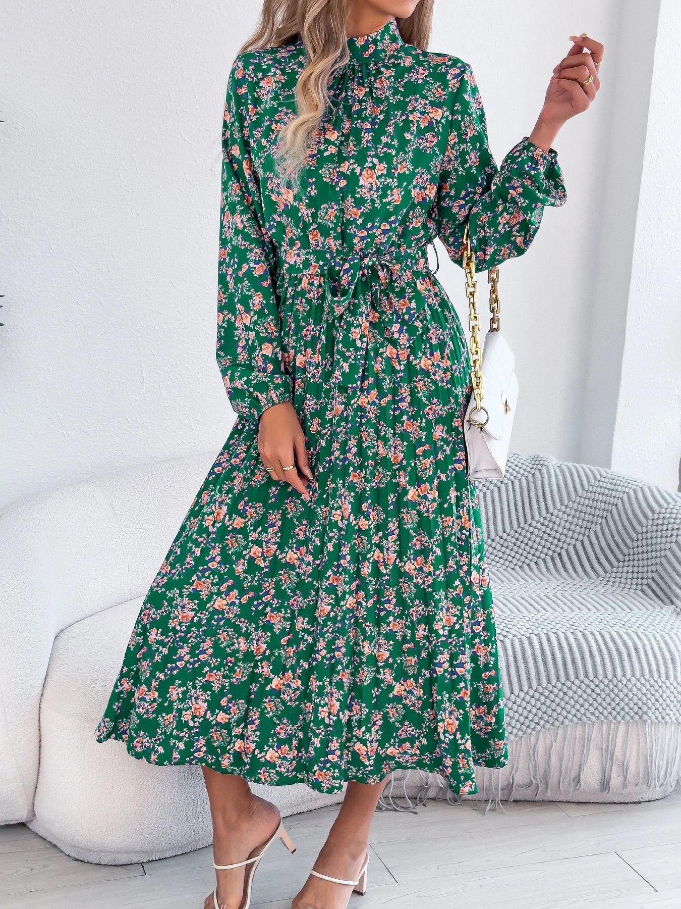 Floral Stand Up Collar Bridesmaid Dress 2026 Spring Summer Elegant Long Sleeve Waist Cinched Pleated Dresses Valentine's Day