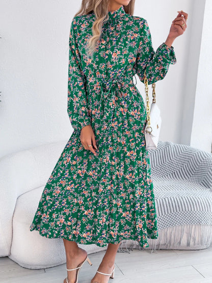 Floral Stand Up Collar Bridesmaid Dress 2026 Spring Summer Elegant Long Sleeve Waist Cinched Pleated Dresses Valentine's Day