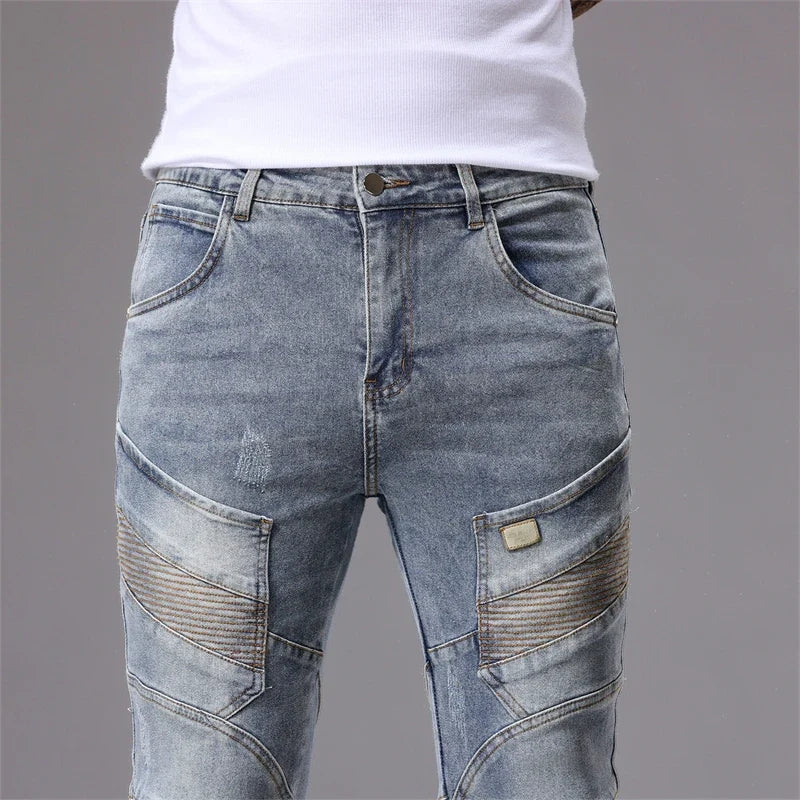 Men's Patchwork Skinny Ripped Jeans Fashion Trousers Elastic Slim Hole Biker Denim Pants Hip-hop Rock American Streetwear