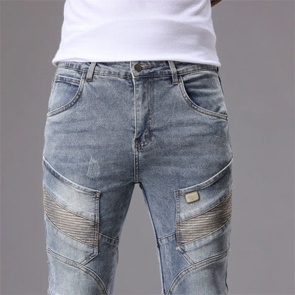 Men's Patchwork Skinny Ripped Jeans Fashion Trousers Elastic Slim Hole Biker Denim Pants Hip-hop Rock American Streetwear