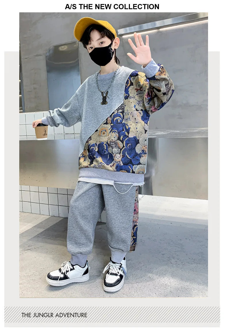 Boys Cotton Cartoon Print Patchwork Workout Sweatshirt+Sweatpant Sets Children 2PCS Tracksuit School Kids Jogging Outfits 5-16Yr