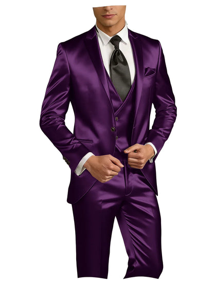 Luxury Men's Satin Suit 3 Piece Set Notch Lapel Slim Fit 1 Button Blazer Vest Pants for Formal Groom Groomsmen Prom Party