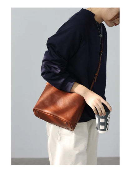 2024 New Arrival Genuine Leather Crossbody Bucket Bags Women Luxury Retro Small Handbag Soft Shoulder Bag