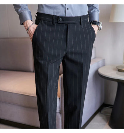 Autumn New Fashion Stripe Men's Suit Pants High Quality Straight Long Classic Business Elegant Slim Fit Casual Trousers 38-29
