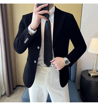 Stripe Suit Jacket For Men Autumn Winter Business Slim Fit Tailcoat Formal Wedding Party Fashion Casual Suit Coat 4XL-M