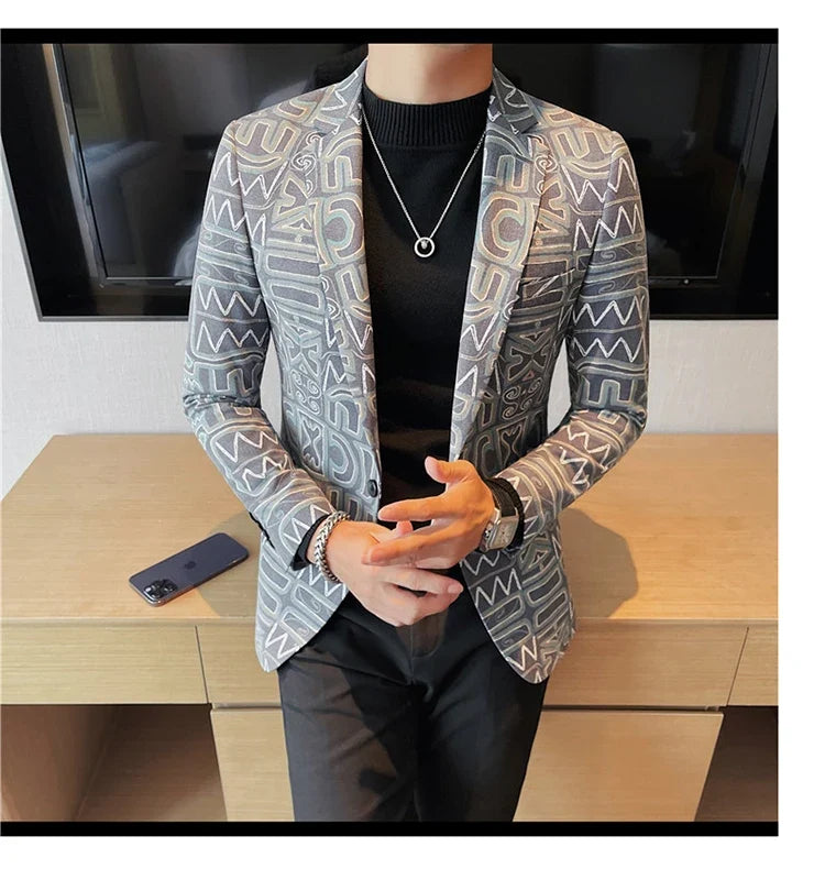 High Quality Men's Printed Suit Jacket for Men Autumnn Fashion Slim Fit Casual Business Blazers Wedding Social Dress Coats 4XL-M