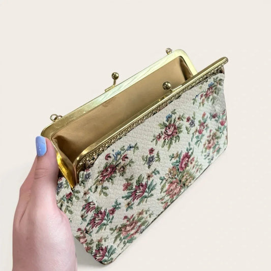 Lost in Vintage Thread Embroidered Bag Metal Handle Petitpoint Clutch Antique Kiss Lock Crossbody Kiss Lock Frame Evening Bag