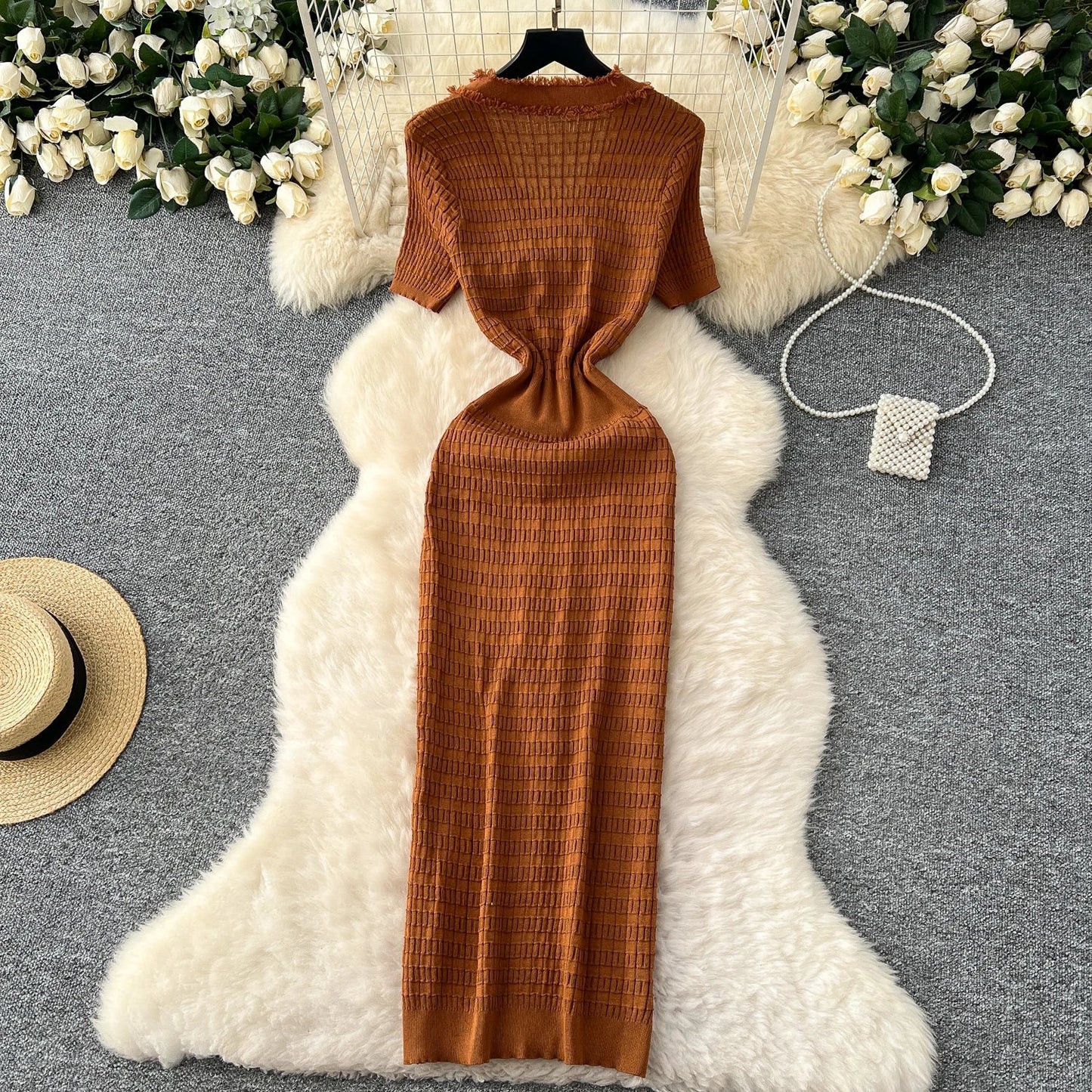 High Quality Elastic Knitted Long Sundress Women Short Sleeves Button Design Office Lady Vintage Split Slim Dress