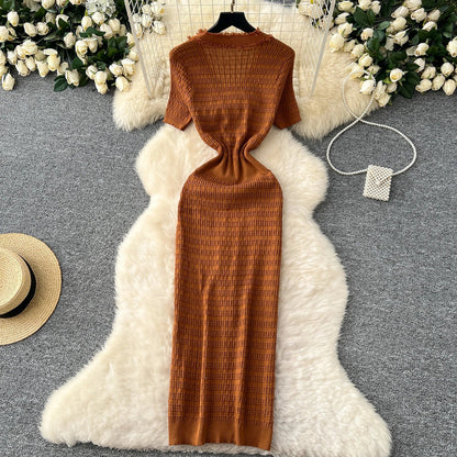 High Quality Elastic Knitted Long Sundress Women Short Sleeves Button Design Office Lady Vintage Split Slim Dress