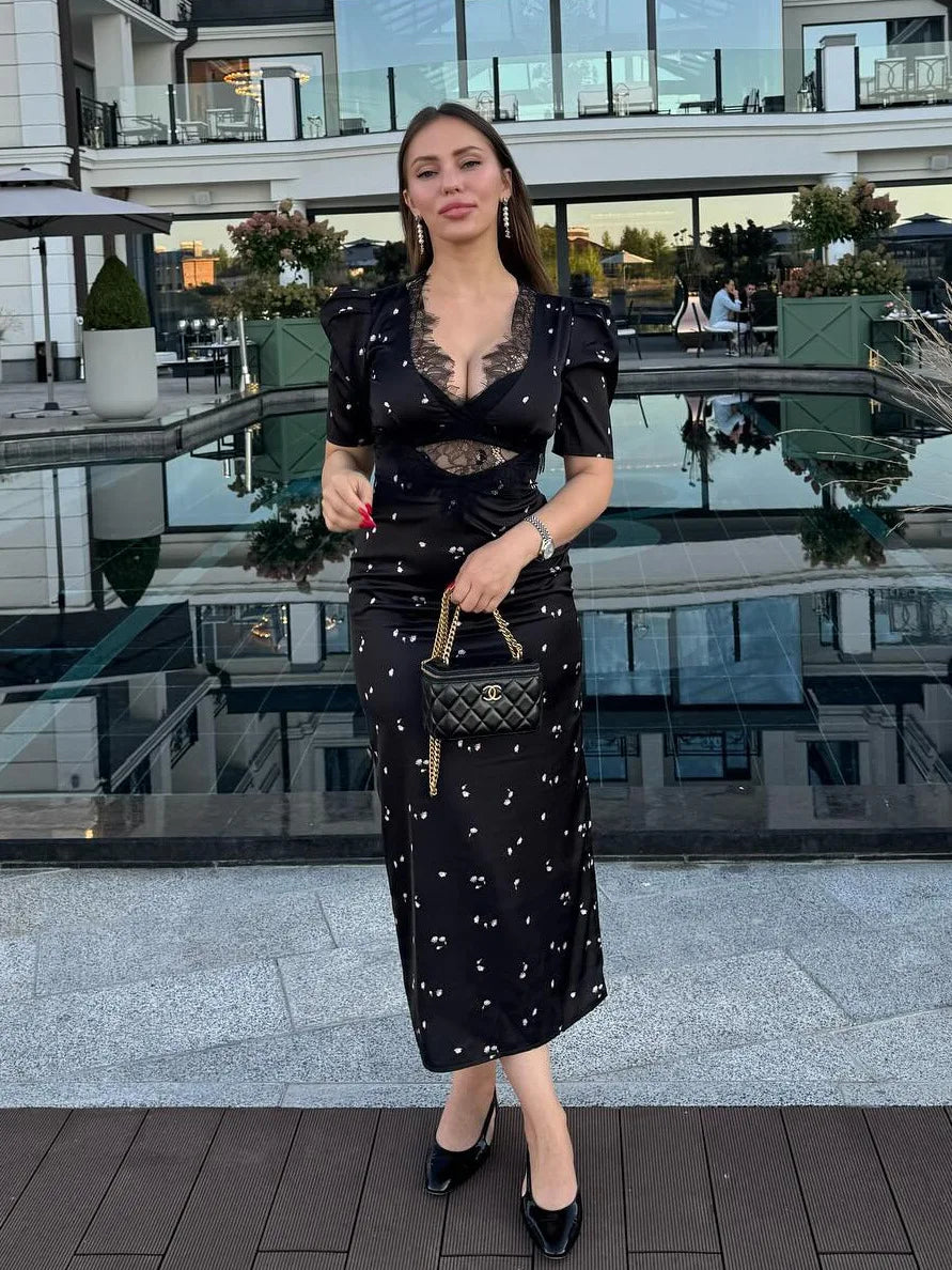 Lace Patchwork Printed Maxi Dresses For Women Fashion Sexy Streetwear Short Sleeves Slim Hollow Out Long Vestidos Robes Female