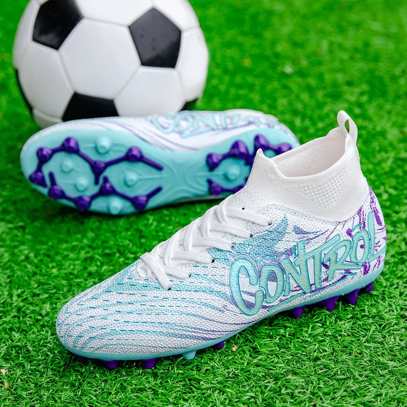 Unisex High-Top Football Shoes AG Long Nails Anti-Slip Leather Black for Teenagers And Adults