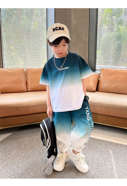 Summer Boys Gradient Contrast Alphabet t-Shirt Tops+Pant Workout Sets School Kids 2PCS Tracksuit Children Jogger Outfits 5-16 Yr