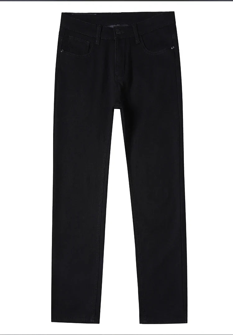 2025 New Winter Pure Black Fleece Thick Warm Jeans Men's loose Straight Elastic Denim Pants classics Casual Plush Trousers
