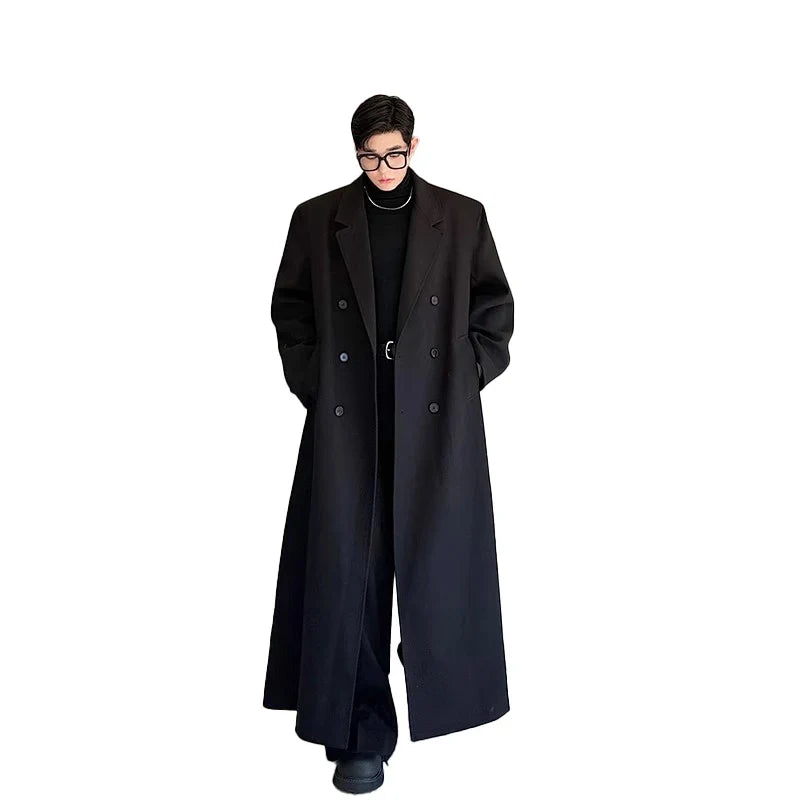 Spring Autumn Extra Logn Black Oversized Flowy Soft Trench Coat for Men with Back High Slit Loose Casual Overcoat