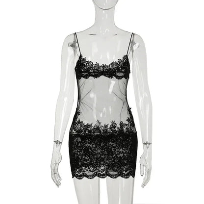Lace Transparent Mini Dress Sexy Women Wrapping Spaghetti Embroidery Flower Sheath Nightwear Club Mesh Wave Fantacy