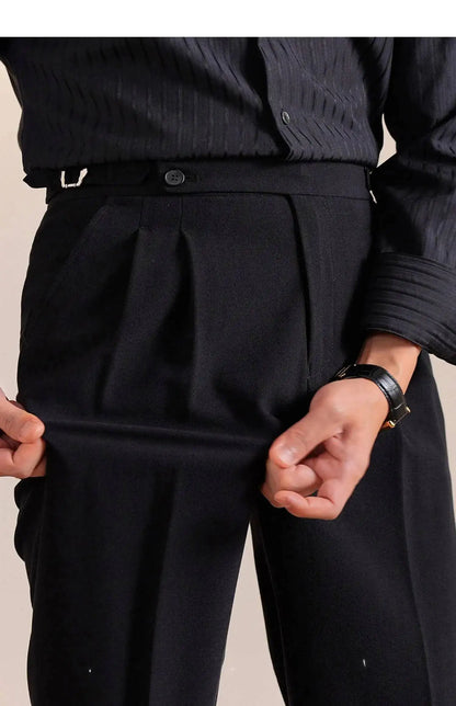 2025 New Italian Style Double Pleated Neapolitan Mens Formal Pants Casual Business Straight Leg High Waist Office Trousers Men