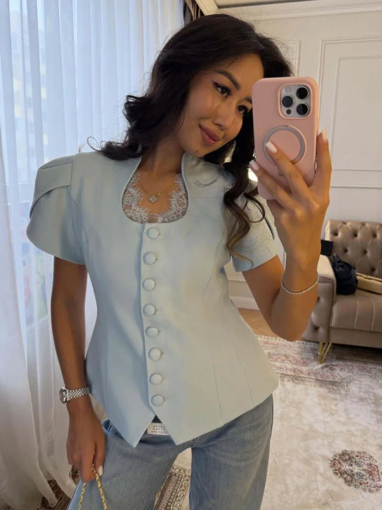 Women 2026 Spring Summer Lace Detail Blouse Stand Collar Puff Short Sleeve Fitted Waist Button Front Elegant Office Blazer