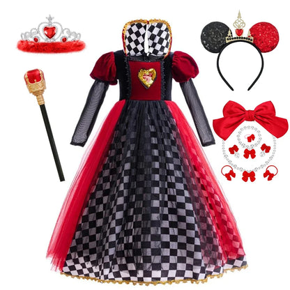 Girls Halloween Party Cosplay Red Queen Gown Clothes Kids Witch Long Sleeves Carnival Outfits Children Masquerade Fancy Costumes