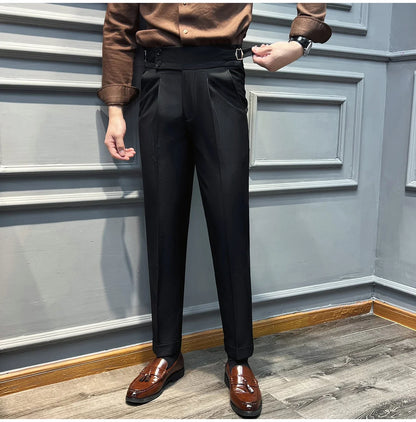 Italian Style Naples High Waisted Straight Pants Men High Quality Solid Color Business Casual Formal Office Social Suit Pants