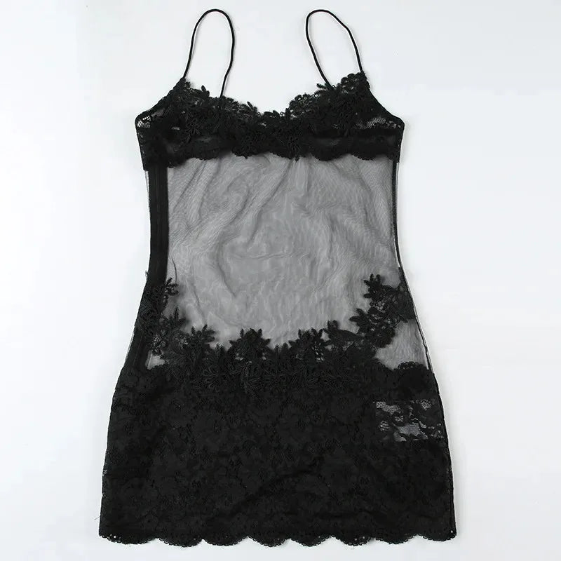 Lace Transparent Mini Dress Sexy Women Wrapping Spaghetti Embroidery Flower Sheath Nightwear Club Mesh Wave Fantacy