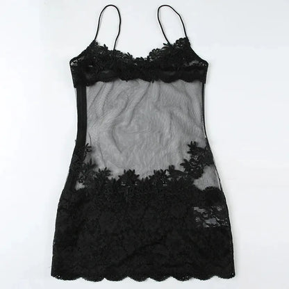 Lace Transparent Mini Dress Sexy Women Wrapping Spaghetti Embroidery Flower Sheath Nightwear Club Mesh Wave Fantacy