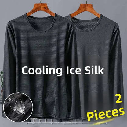 New 2025 Men's Ice Silk Breathable Sun Protection Hollow out Thin Long Sleeve Casual Sports T-Shirt Large Size Loose Fit
