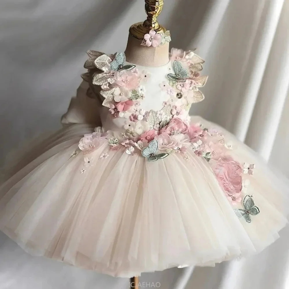 Custom Pink Floral Butterfly Tulle Flower Girl Dress First Christmas Dress Wedding Party Gown for Girls فساتين اطفال