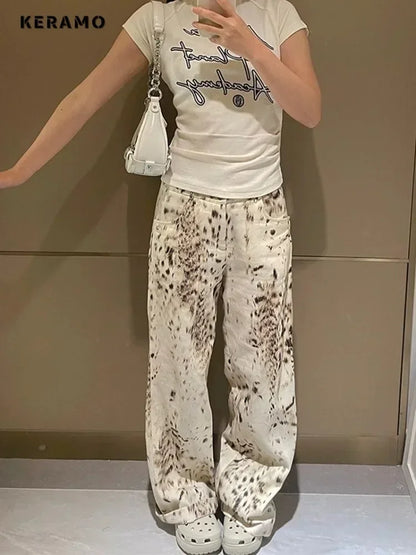 Harajuku Casual Style Jeans Leopard Print Vintage High Waist Loose Street Pants Women's Y2K Wide Leg Punk Baggy Denim Trouser