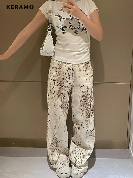 Harajuku Casual Style Jeans Leopard Print Vintage High Waist Loose Street Pants Women's Y2K Wide Leg Punk Baggy Denim Trouser