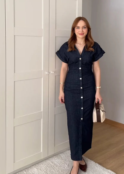 2025  Spring New 1975 series denim MIDI dress with lapel side zipper fashion wrinkle waist slim elegant dress