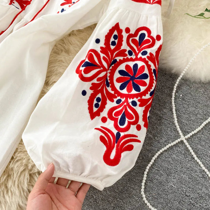 n Sle Embroidered Flower Long Sve Loose Fit Lantern Sve Gathered Slimming A-Line Dr Women's round Ne Dr